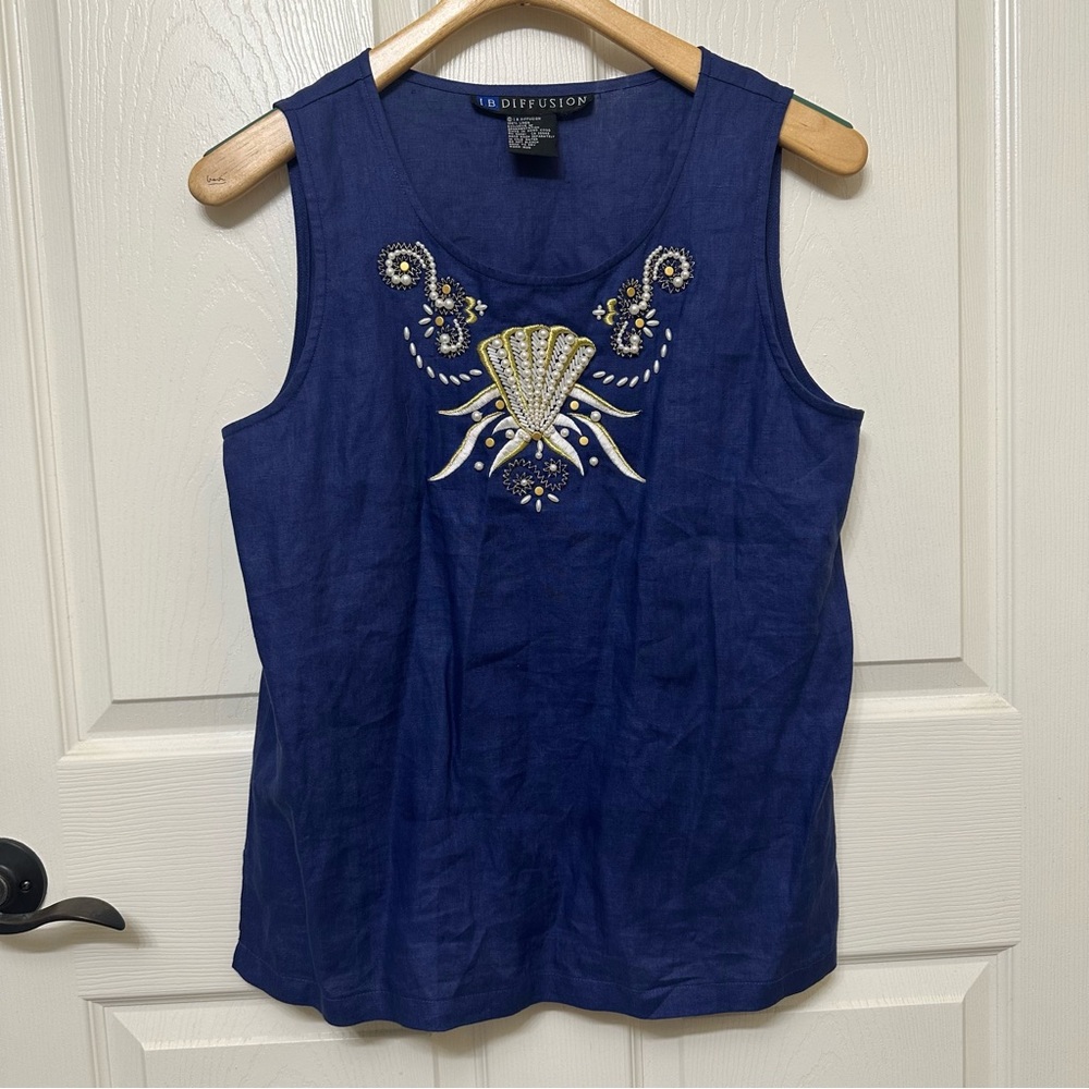 Sleeveless 100% Linen Top Size L Beaded Coastal Design Lagenlook Old Money